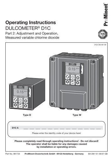 Part 2: Adjustment and Operation, Measured variable chlorine dioxide