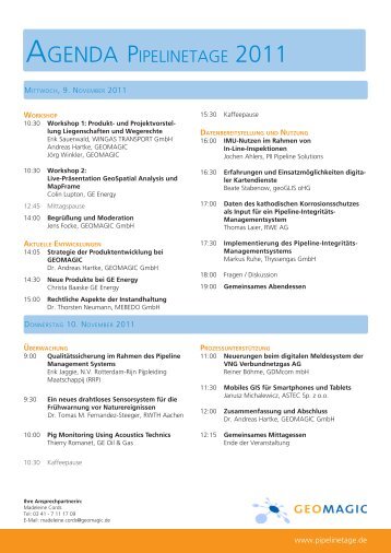 AGENDA PIPELINETAGE 2011 - Geomagic GmbH