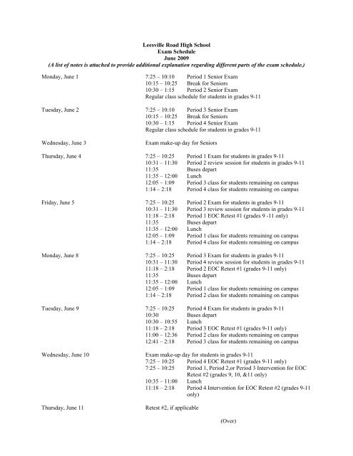 Final Exam Schedule - Leesville Road High School