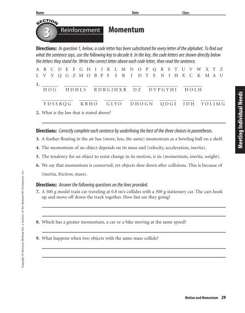 Chapter 10 Resource: Motion and Momentum