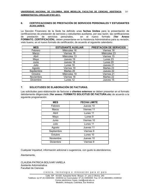 Circular 001 de 2011 - Universidad Nacional de Colombia