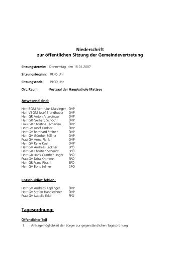 Niederschrift zur öffentlichen Sitzung der ... - Mattsee