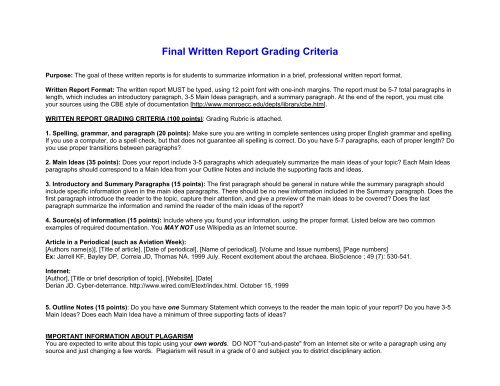 Final Written Report Grading Criteria Rubric