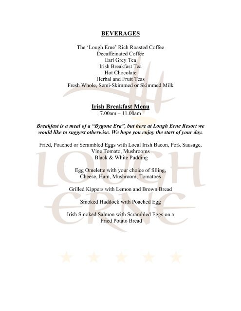 Download the In Room Private Dining Menu - Lough Erne Resort