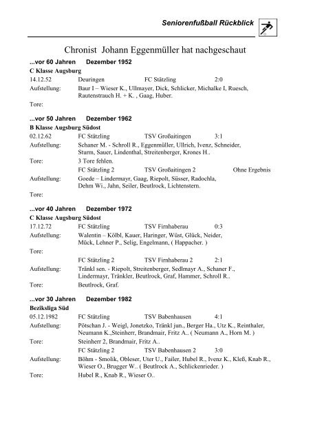 FuÃƒÂƒÃ‚ÂŸball - Chronik der Seniorenspiele - FC StÃƒÂƒÃ‚Â¤tzling
