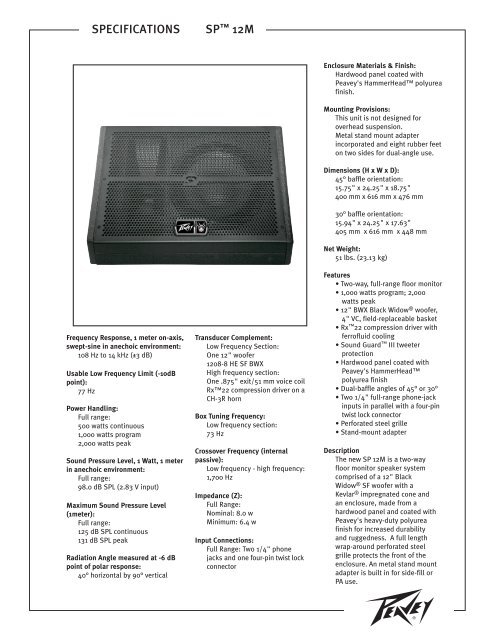 specifications sp 12m - Peavey