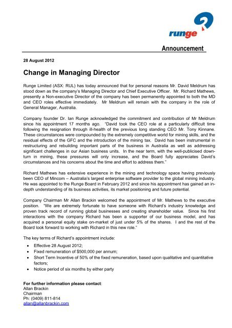 Announcement Change in Managing Director - Runge