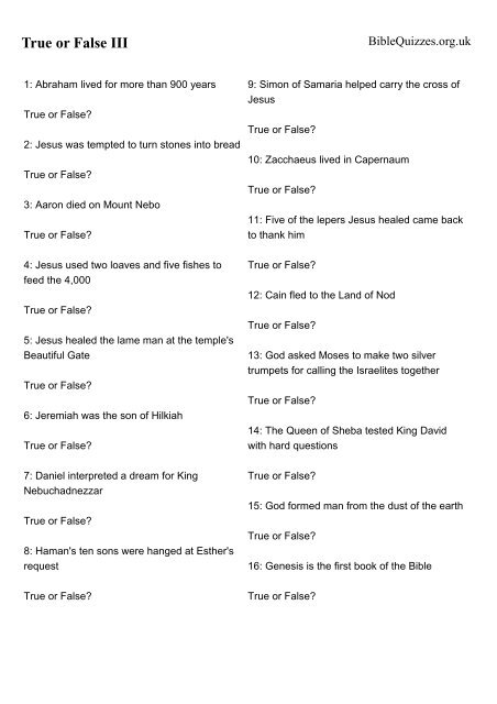 True or False III - Bible Quizzes and Puzzles