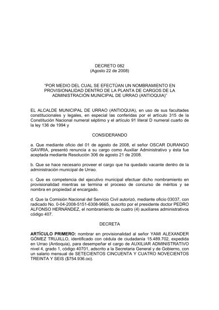 DECRETO 082 (Agosto 22 de 2008) âPOR MEDIO DEL ... - Urrao