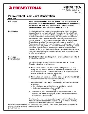 Paravertebral Facet Joint Denervation - Presbyterian Healthcare ...