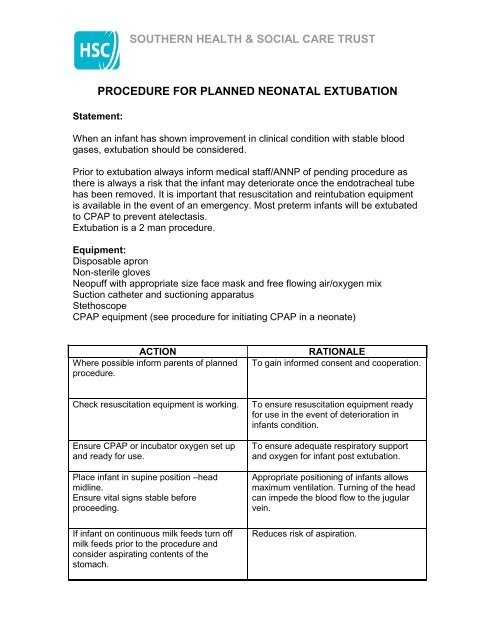 Planned Neonatal Extubation - Southern Health and Social Care Trust