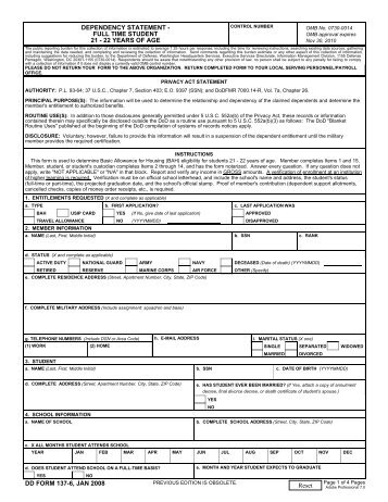 DD Form 137-6, Dependency Statement - Full Time Student 21 - 22 ...