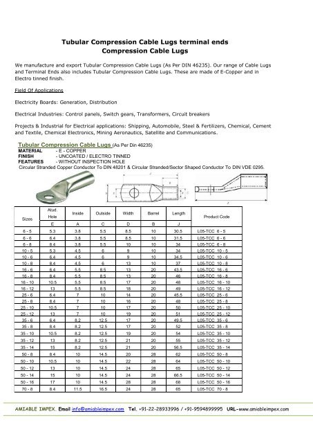 Tubular Compression Cable Lugs terminal ends - Amiable Impex