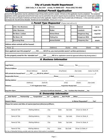 Animal Permit Application for Pet Shops - Laredo, TX