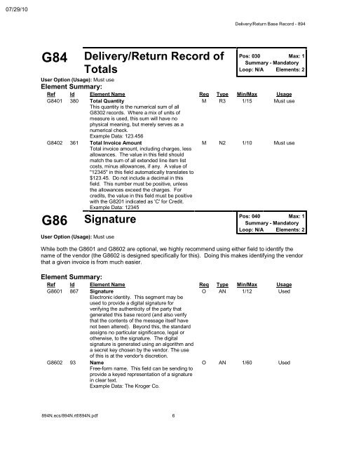 894 Delivery/Return Base Record 004010 UCS & X12 - Kroger EDI