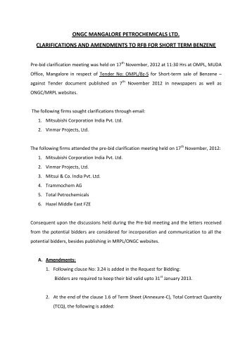 1. Clarifications and Amendments to RFB for Short Term Benzene