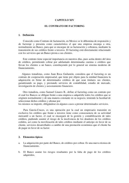 CAPITULO XIV EL CONTRATO DE FACTORING 1. DefiniciÃ³n ...