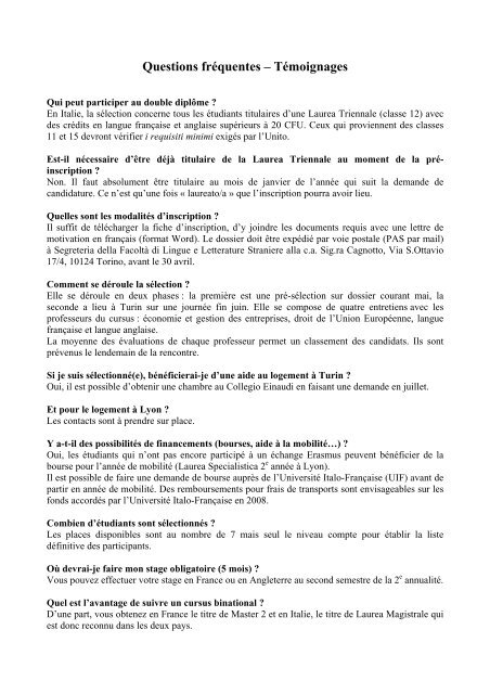 Questions frÃ©quentes â TÃ©moignages - Francaisunivers.unito.it