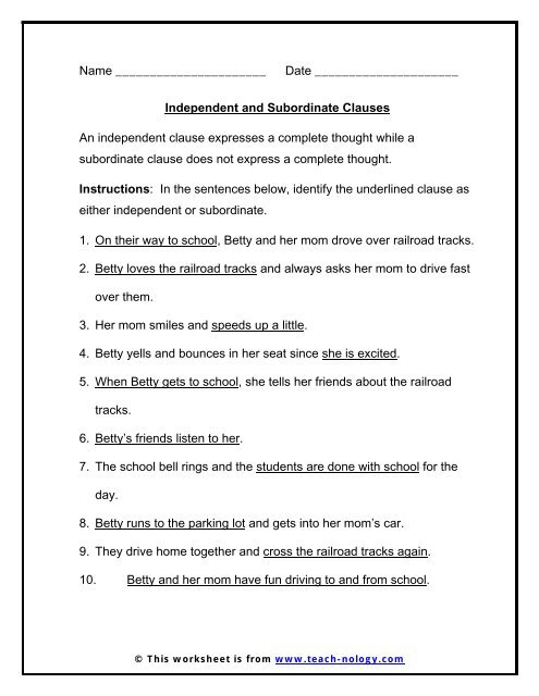 Independent and subordinate clauses worksheet