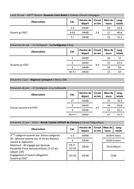 Calendrier activitÃ©s cyclistes 2013 - ASC Fours - Free