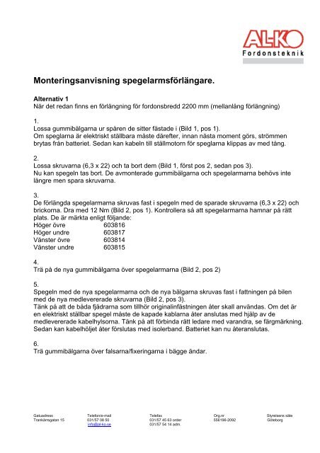 Monteringsanvisning spegelarmsfÃ¶rlÃ¤ngare. - AL-KO