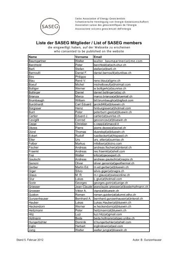 Liste der SASEG Mitglieder / List of SASEG members