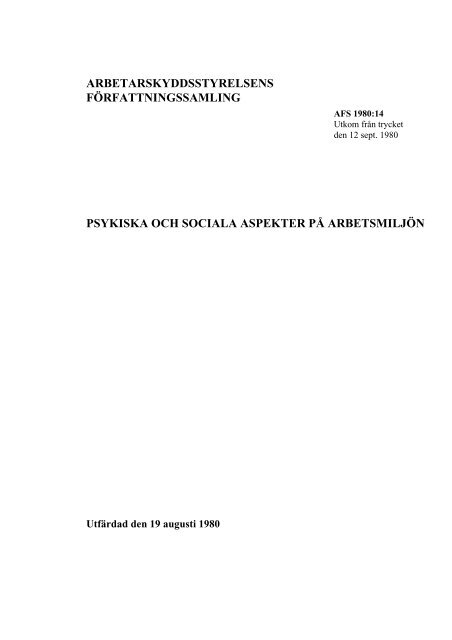 AFS 1980:14 - PSYKISKA OCH SOCIALA ASPEKTER PÃ ...