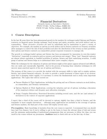 Financial Derivatives 1 Course Description - Finance Department