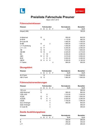 Fahrschule Preuner - Preise