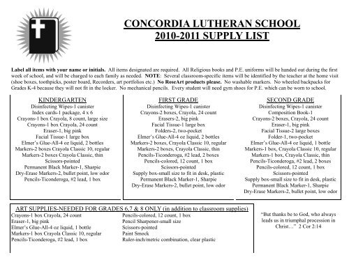 Supply List By Grade 3 Concordia Lutheran School