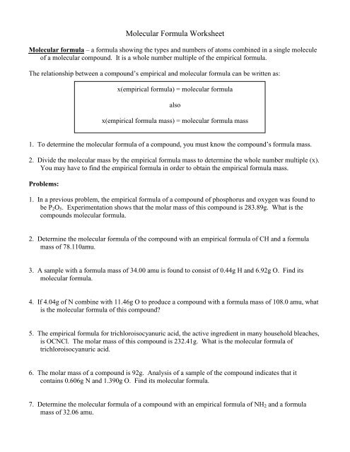 Molecular Formula Worksheet
