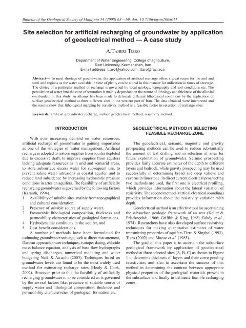 Site selection for artificial recharging of groundwater by application ...