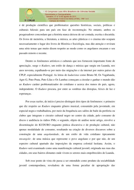 O KUDURO ÃƒÂ‰ DE ANGOLA - XI Congresso Luso Afro Brasileiro de ...