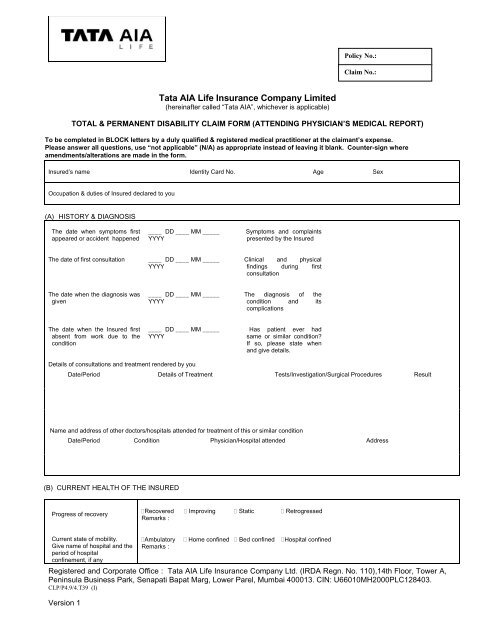 Physician's Statement - Tata AIA Life Insurance