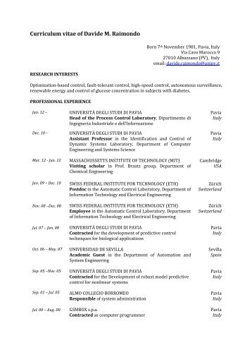 Curriculum vitae of Davide M. Raimondo - UniversitÃ  degli studi di ...