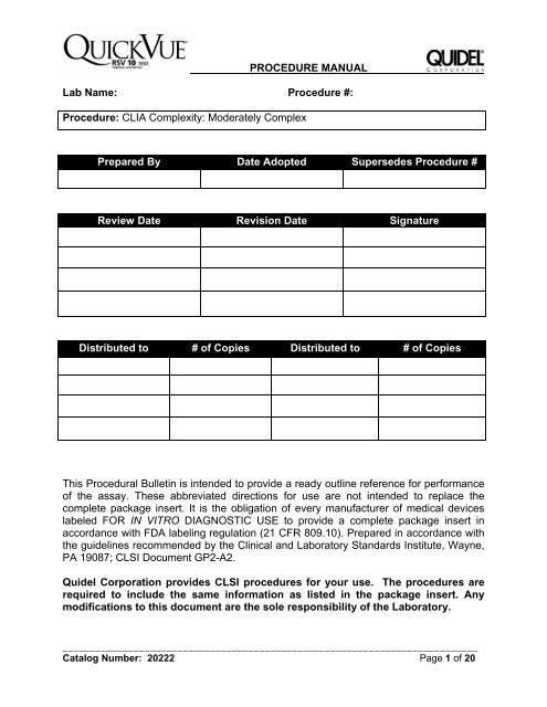 PROCEDURE MANUAL Lab Name: Procedure ... - Quidel