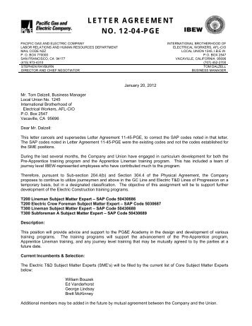 LETTER AGREEMENT NO. 12-04-PGE - IBEW Local 1245