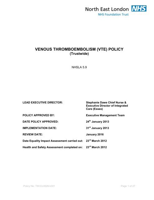 (vte) policy - North East London NHS Foundation Trust