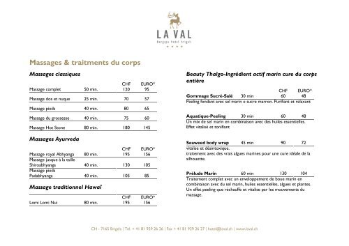 Liste des Prix massage / soins corporels (PDF) - HOTEL - La Val