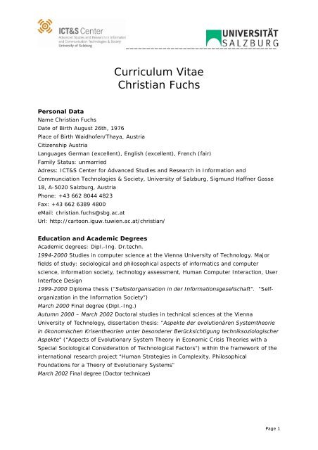 Curriculum Vitae Christian Fuchs - ICT&S