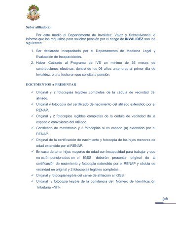 SeÃ±or afiliado(a): Por este medio el Departamento de Invalidez ...