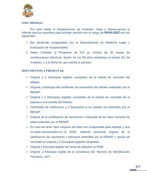 SeÃ±or afiliado(a): Por este medio el Departamento de Invalidez ...