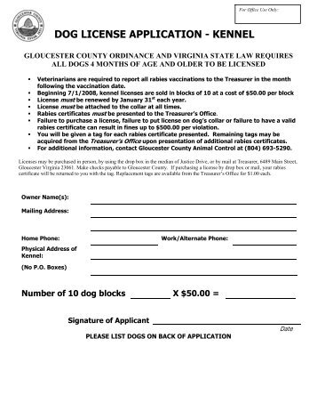 dog license application - kennel - Gloucester County Virginia