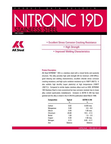 NITRONIC Â® 19-D Stainless Steel Data Bulletin - AK Steel