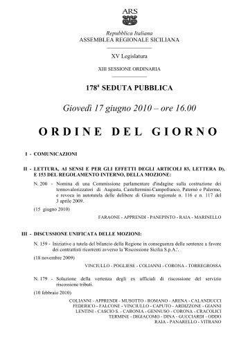 ORDINE DEL GIORNO - Assemblea Regionale Siciliana