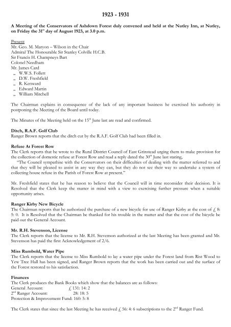 Transcript Historical Minute Book 1923 to 1931 - Ashdown Forest