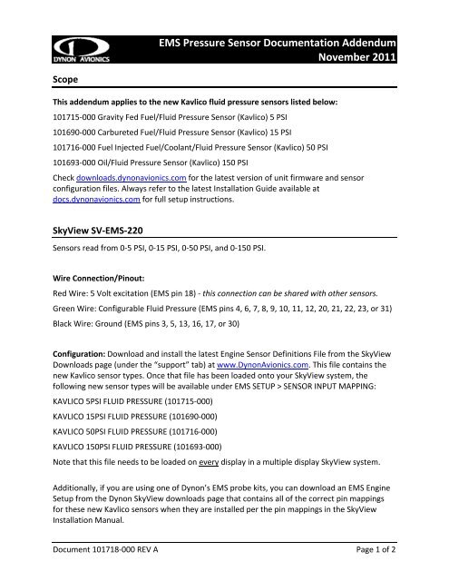 EMS Pressure Sensor Documentation Addendum ... - Dynon Avionics