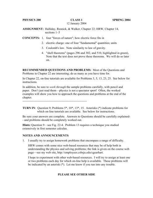 PHYSICS 200 CLASS 1 SPRING 2004 ASSIGNMENT - Employees ...