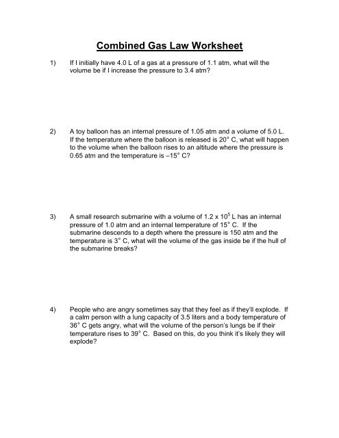 Combined Gas Law Worksheet