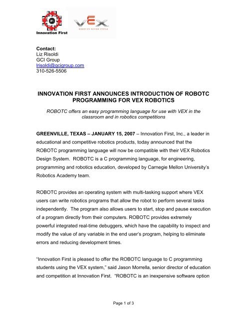 Innovation first announces introduction of robotc - VEX Robotics